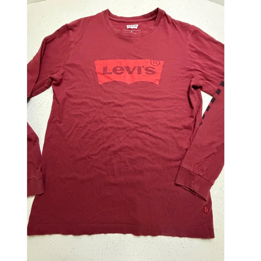 Levis Mens Long Sleeve Graphic Tee Burgundy Red Batwing Logo Shirt Small